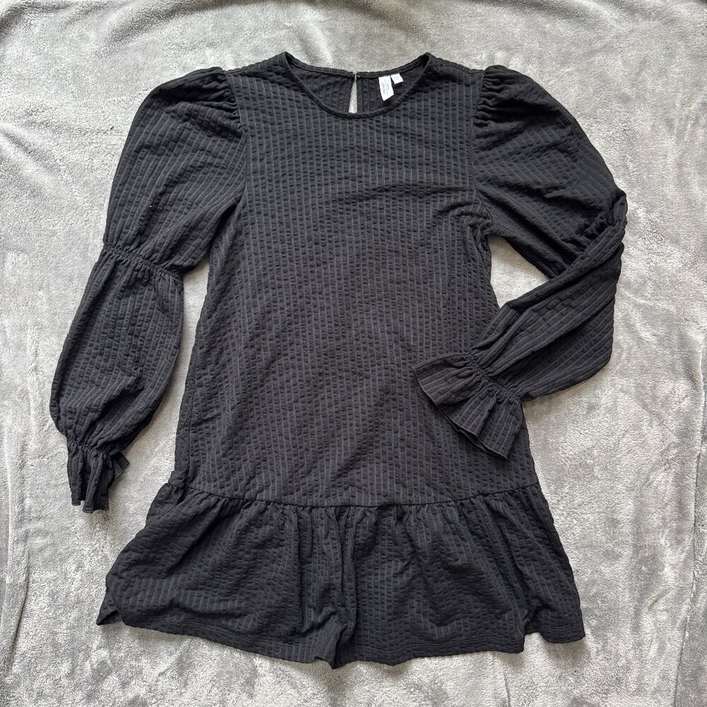 & Other Stories Textured Tiered Mini Dress Black Long Sleeve Size Small